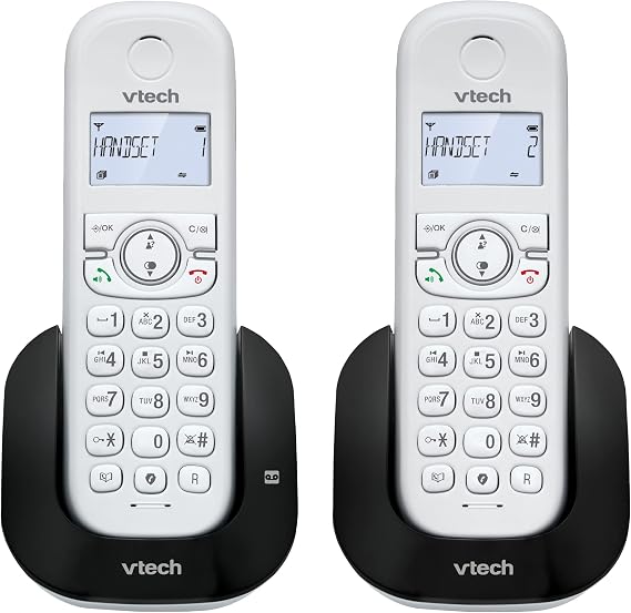 VTech CS1551 DECT Cordless Phone with Answering Machine and Call Block, 2 Handsets, Intercom, Landline House Phones, White, Caller ID/Call Waiting, Redial, Handsfree, illuminated Display and Keypad