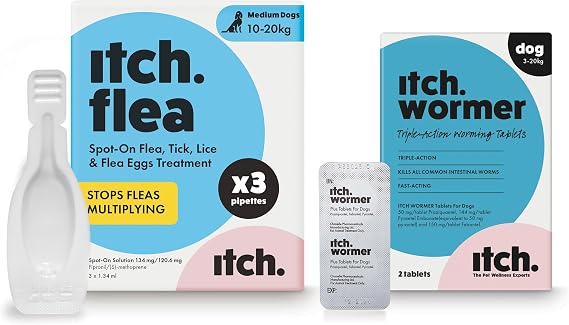 Itch Medium Dog Flea &amp; Tick Treatment and Wormer Bundle for Dogs - 10-20kg