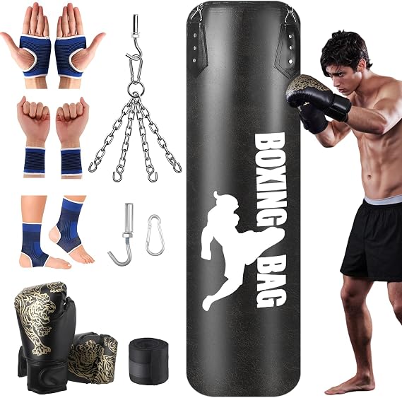 Heavy Punching Bag Hanging Set, 4FT Unfilled Boxing Bag for All Ages, Pro Training PU Leather Punch Bag with Gloves, Wristband, Hanging Chain for MMA Kickboxing Grappling Muay Thai Karate Home Fitness