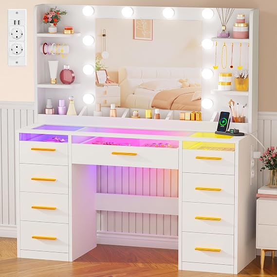 Large Makeup Vanity with LED Light and Mirror, RGB Lights