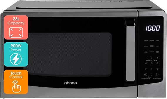 Abode Touch Control Microwave 23 Litre Digital Black 900W with 11 Power Levels, 5 Auto Cook Menus & Defrost Function, Clock & Timer AMT2304B