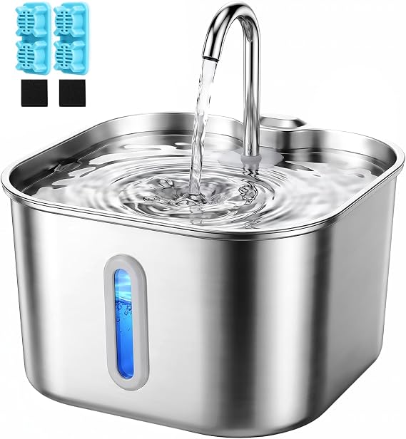 Cat Water Fountain for Drinking, VinDox 74oz/2.2L Stainless Steel Pet Water Fountain Quiet, Triple-Filter Kitten Drinking Fountains for Cats with 2 Filters + 2 Sponges