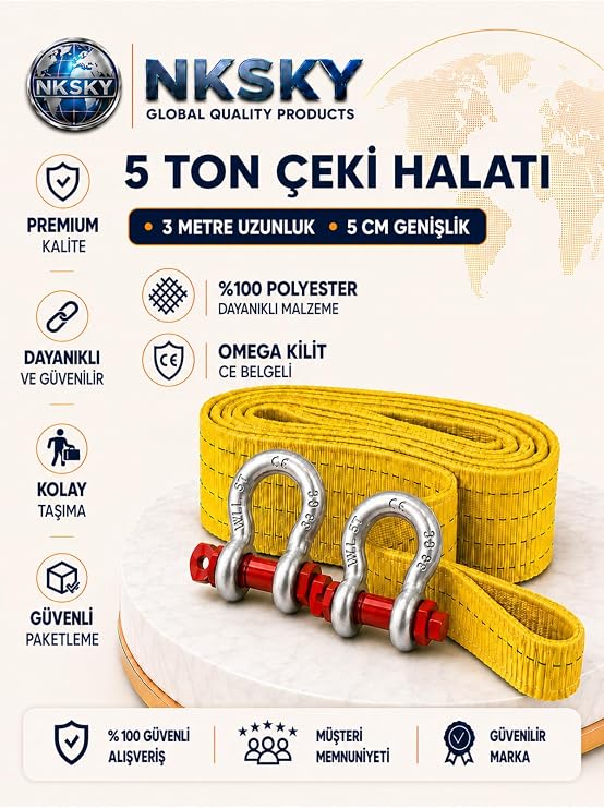 5 Ton Araç Çekme Halatı 3 Metre 5 cm Genişlik CE Belgeli Omega Kilit Oto Çeki Halatı (Sarı)