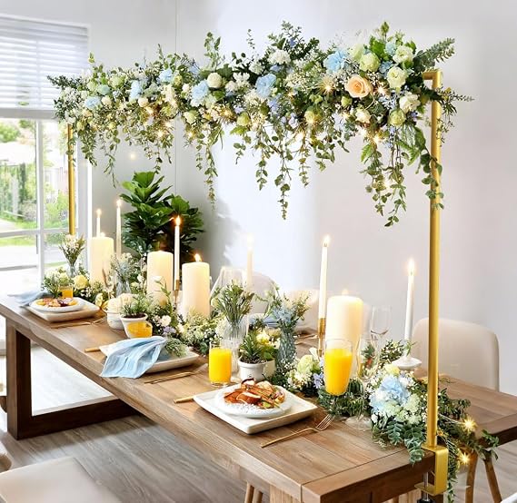 PlusFive Over The Table Rod Stand with Clamps Adjustable 120-254cm Gold Metal Table Arch with Clamps Table Arch Stand Over Table Hanging Rail for Birthday Anniversary Christmas Wedding Festivals