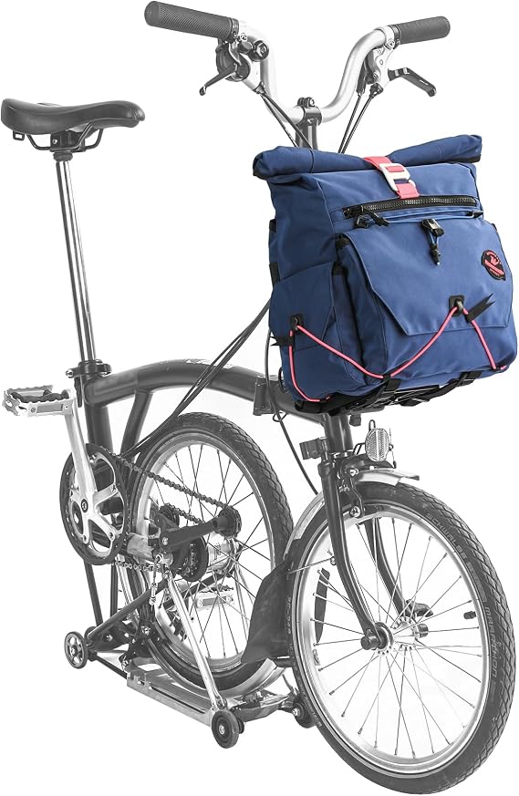 Rhinowalk ライノウォーク 自転車用フロントキャリアバッグ 17L ブロンプトン用 折りたたみ式自転車ロールトップ 自転車フロントバッグ フレーム付き ショルダーストラップ ヘルメットホルダー 通勤旅行バッグマウントブロックは含まれていません-ブルー