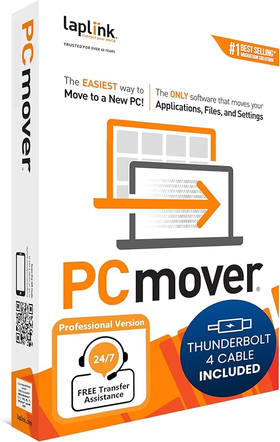 Laplink PCmover Professional 11 - Easy Migration of your Applications, Files and Settings from an Old PC to a New PC - Data Transfer Software - Optional Ultra High Speed Thunderbolt Cable - 1 License