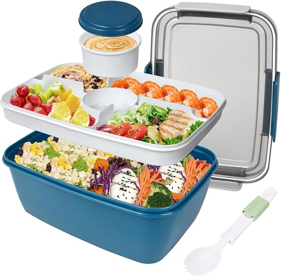 Salad Containers, 1900ml Large Salad Lunch Box for Adults, Leak Proof Salad Bowl Bento Boxes with 5-Compartment Tray, Lid, Dressing Pots, Cutlery for Work Picnic Packed Food Fruit Snack, Blue