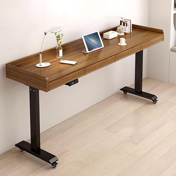 Electric Over the Bed Table with Drawer, Overbed Table with Wheels Adjustable Height, Queen Size Mobile Over Bed Desk, Standing Workstation Laptop Cart(Brown+Black,210cm/82.6'')