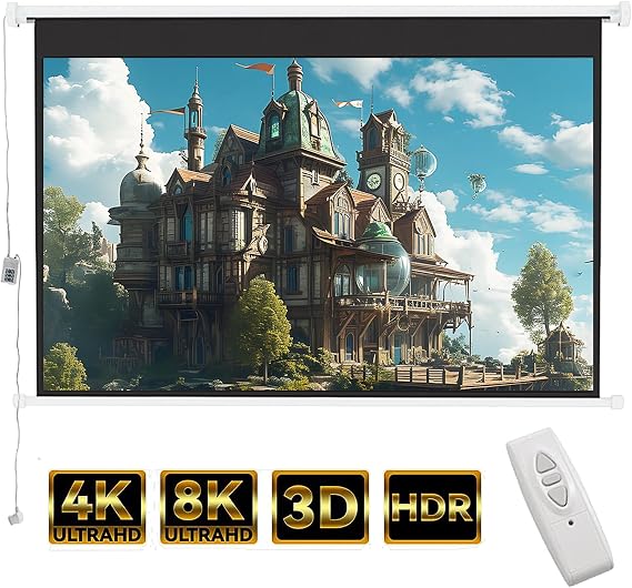 INMOZATA Electric Projector Screen 100 inch/221x124cm Motorised Projector Screen with Remote Control 16:9 Ratio Movie Screen for for Home Theater Cinema Office Video Game Outdoor Indoor-White