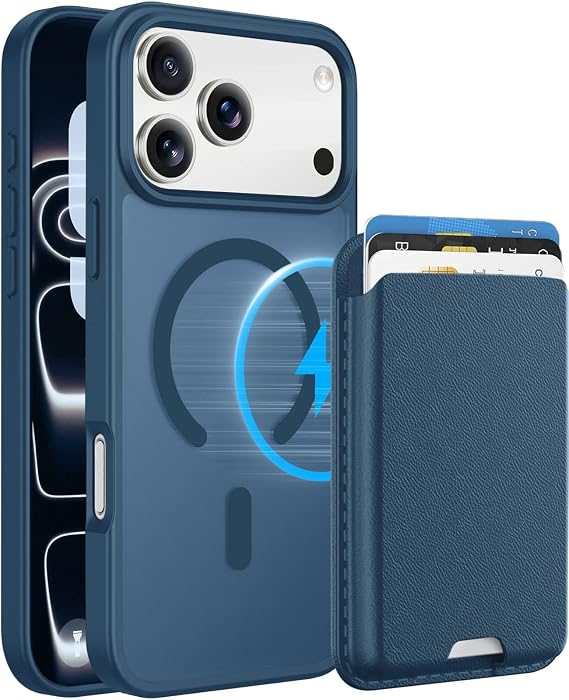 PSR Aksesuar iPhone 17 Pro Max Uyumlu M-Safe Kablosuz Şarj Destekli Mat Kılıf + MagSafe Kartlıklı Cüzdan - Tam Koruma Seti (Lacivert, iPhone 17 Pro Max)
