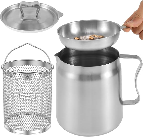 Oil Filter Pot with Basket 2L Stainless Steel Oil Strainer Pot with Lid and Fine Mesh Strainer Oil Storage Can,Bacon Grease Container,Multi-Functional Oil Filter Tank for Kitchen Cooking