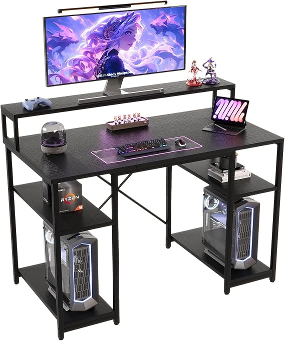 Devoko 120x50 CM Computer Desk with Monitor Shelf Home Office Desk with Open Storage Shelves Writing Gaming Study Table Workstation for Small Space (Black)