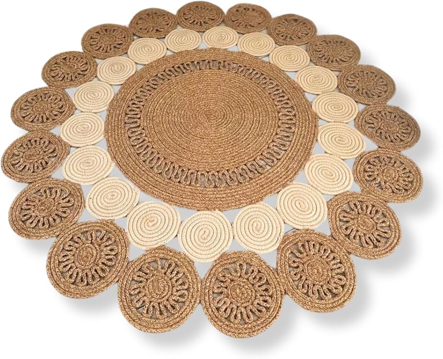 Natural Jute Rug Moderin Look Living Room Cover Mop Carpet Bathroom Kitchen Rug Double sided Rug Carpet (HASIR-BEJ, 90 X 90 CM) For Bedroom Patio Balcony Terrace Areas