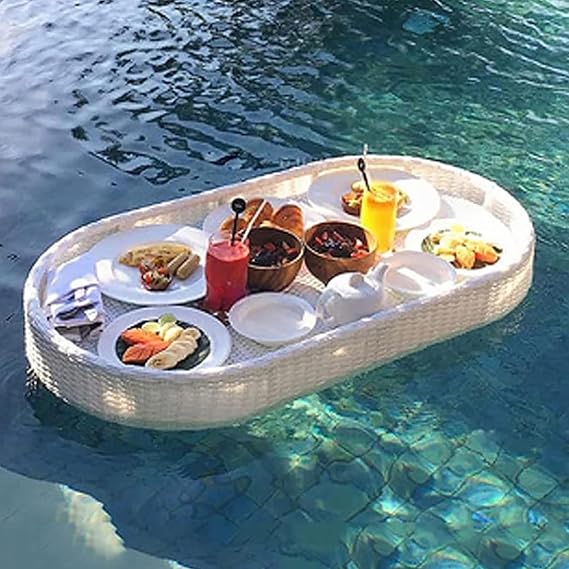 Rattan Floating Serving Tray For Pool Beach Party ，Creative Elliptical Drink Floaties Tray ，Swimming Pool Floats With Handles For Pool Serving Drinks,Food On The Water(White)