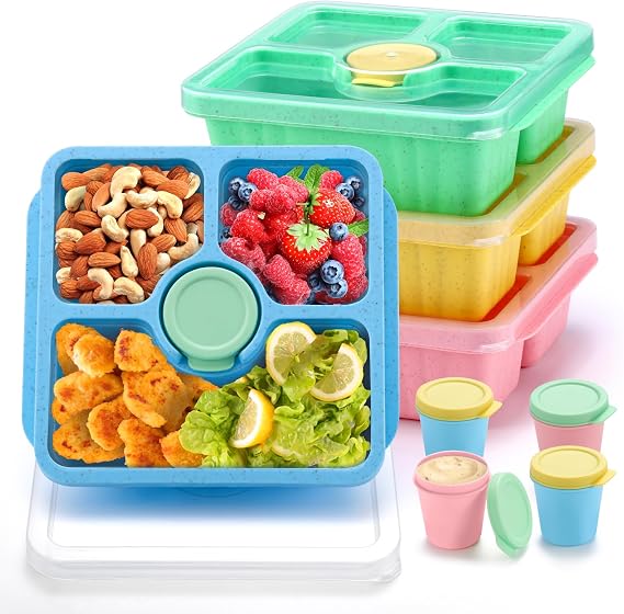 QQKO Bento Yetişkinler Çocuklar için Çerez Kutusu Konteynerleri, Öğle Yemeği Hazırlama Konteynerleri Yeniden Kullanılabilir, Kapaklı 4 Paket Bölünmüş Gıda Saklama Kapları, Sos Bardaklı İstiflenebilir