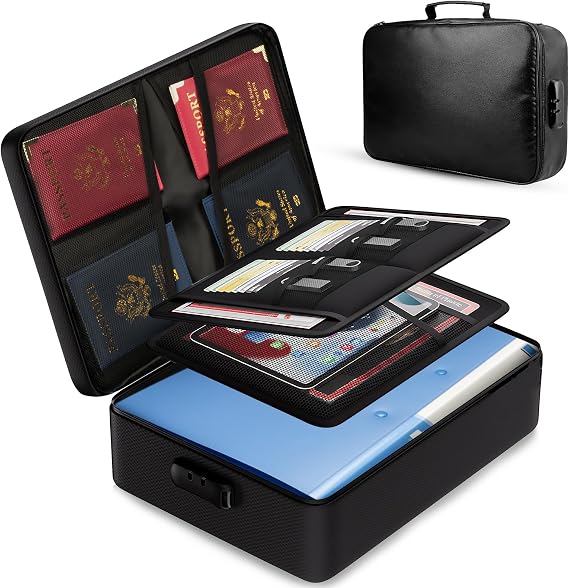 Fireproof Document Box, 14.2''×10.6''×4'' Large Capacity Fireproof Safe with Lock, Heat Insulated Document Organiser, Portable Safe Box for Certificates Passports for Travel Home Storage