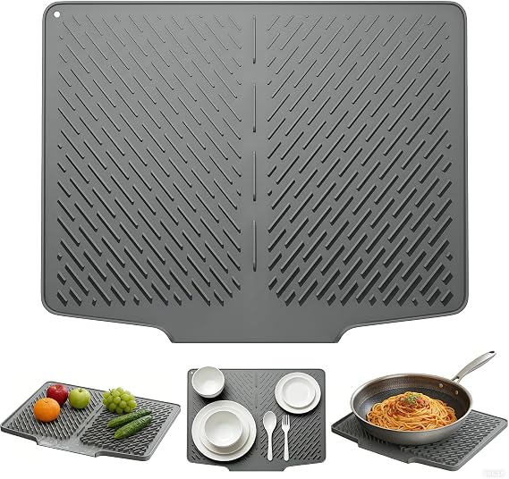 Silicone Dish Drying Mat, 40x32cm Non-Slip Heat Resistant Sink Drying Mat with Drainage Grooves for Kitchen Countertops and Sinks, Folding Dish Rack Alternative
