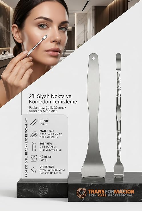 Transformacion 2'li Cilt Bakım Seti - Paslanmaz Çelik Siyah Nokta ve Komedon Temizleme Spatulası - Gözenek Arındırıcı Akne Aleti 723303