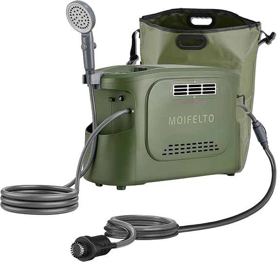 プロパン給湯器 ポンプ付き 20,500BTU インスタントホットシャワー 3L/分、150分 5200mAhバッテリー 高所アダプター 40Lウォーターバッグ 12V/Type-C PD充電 キャンプ オフグリッド RV用 ポータブル