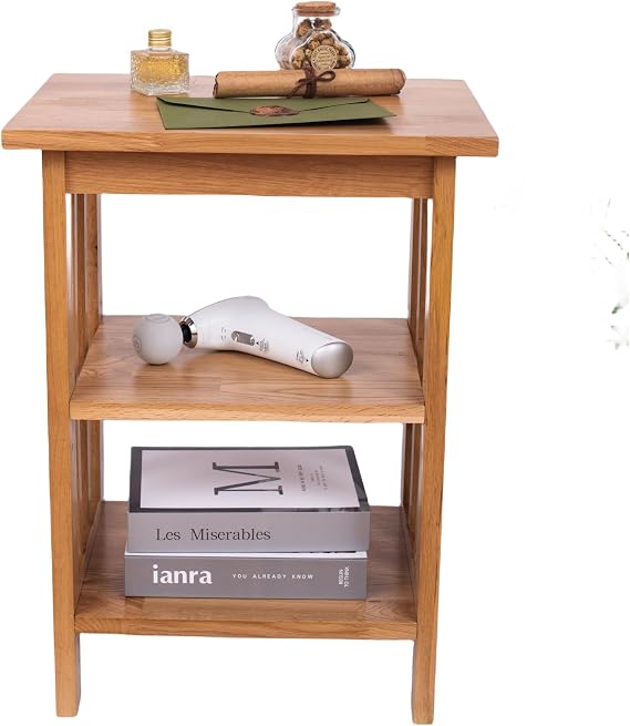 Solid Frame 2 Storage Shelves Night Table Farmhouse Solid OAK Side Table Beside Tables For Bedroom Living Room Home Office
