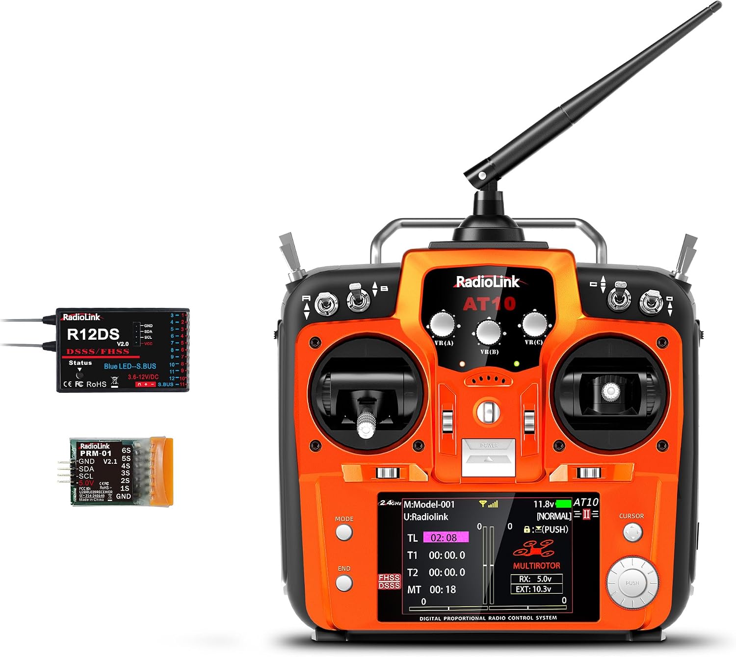 Radiolink AT10II 12CH Transmitter and R12DS Receiver 2.4GHz RC Voltage Telemetry Mode 1 for RC Airplane, Drone, Quad, Helicopter, Car, Boat Certified by MIC