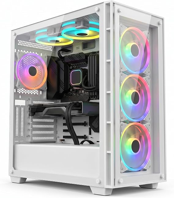 Gaming PC Tower. Nvidia RTX 5060 8GB. Intel Core i7. 16GB RAM. 256GB SSD + 1TB. Win 11. Wi-Fi. RGB High Performance Gaming PC. White Case.