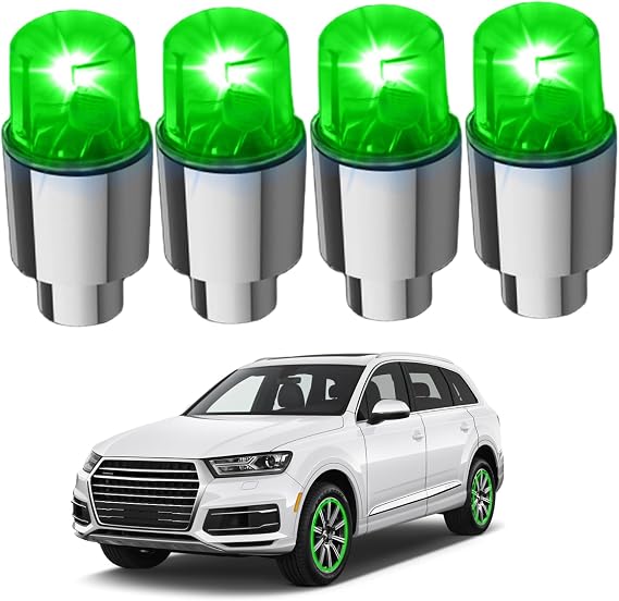 4 PCS Wheel Lights Waterproof Decorative LED Lamp Alloy LED Tire Valve Stem Cap Light for Cars Truck Motorcycle Green