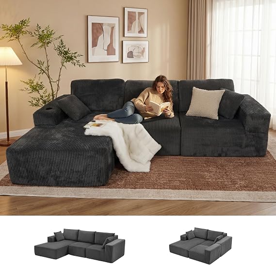 USOR 109" Sectional Couches for Living Room, Modular L-Shape Cloud Couch with Chaise, Boneless Couches for Bedroom,Comfort Sponge Sofa with Deep Seat and Side Pockets (Gray, Left Facing Chaise)