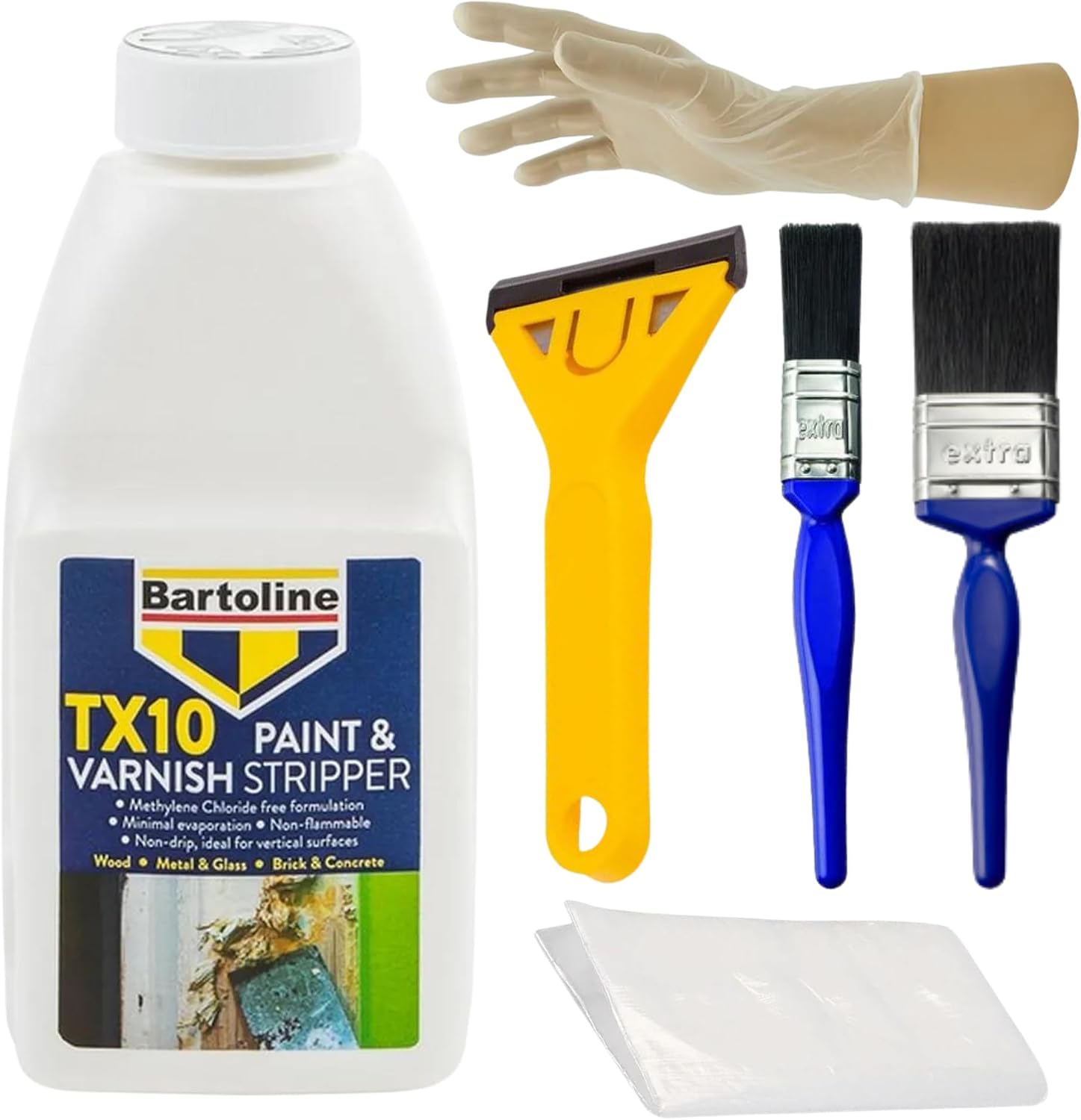 Complete Paint Remover Bundle: TX10 Paint & Varnish Stripper, Blackspur Scraper, 1 & 2 Inch Paintbrushes, Rubber Gloves, Blackspur Dust Sheet - Ideal Paint Stripper for Wood, Metal, and Bricks