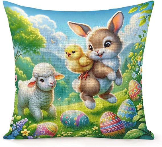 Square Pillow Cases Easter Bunny And Chick And Lamb In The Meadow With Easter Eggs Cushion Covers Wrinkle Free Couch Pillows Cover Fade Resistant Cushion Case For Bedroom Home Decor 45X45Cm