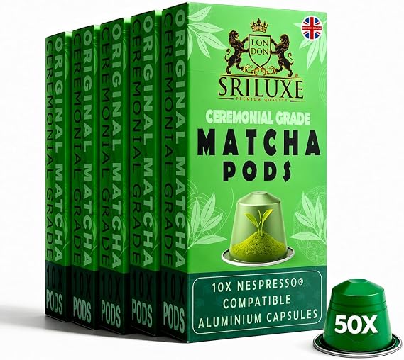 SRILUXE - Ceremonial-Grade Japanese Matcha Pods | 50 x Nespresso Original Compatible Capsules, Ideal for Quick & Easy Hot or Iced Lattes. Contains Caffeine & L-theanine. (50 Pods, Original)