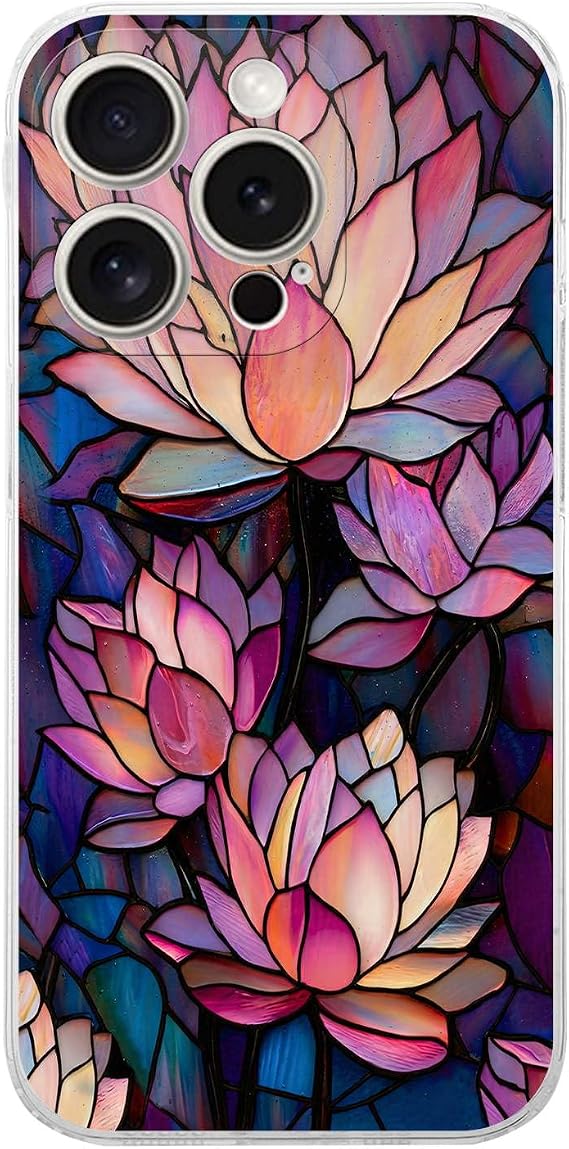 PrintiFy iPhone 15 Pro ile Uyumlu Vitray Sessiz Lotus Tasarımlı Şeffaf Silikon Kılıf