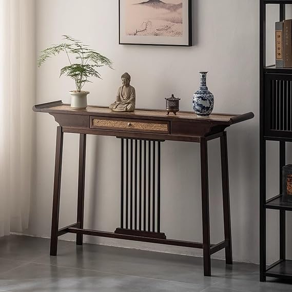 Rattan Console Table with 1 Storage Drawers, Narrow Long Sofa Table Hallway Table, Bamboo Chinese Style Entryway Table for Living Room, Study or Hallway