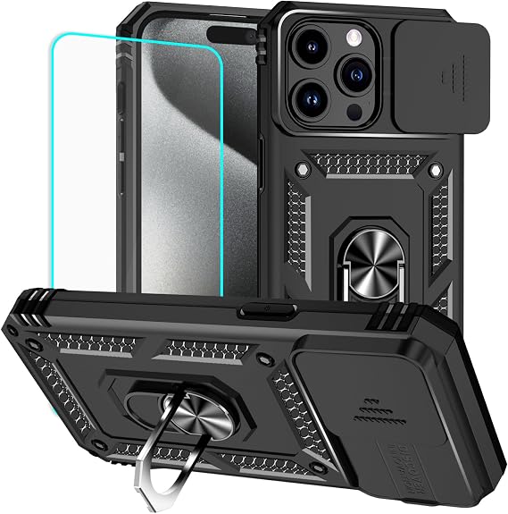 Yiakeng for iPhone 15 Pro Max Case with Screen Protector: [Military Grade 20ft. Drop Tested] Slide Camera Cover Ring Shockproof Protective Phone Case for - iPhone 15 Pro Max (Black)