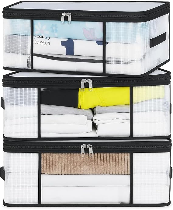 3 Pieces Transparent Clothes Organizer 35L - Foldable Boxes for Closet or Under the Bed - Storage Bag Blankets and Toys