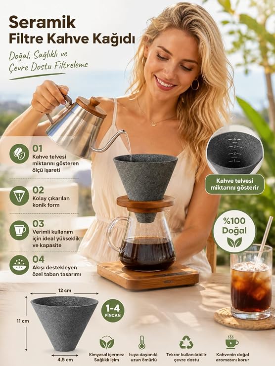 Premium SINIRSIZ KULLANIM Seramik Kahve Filtresi Filtre Kahve Kağıdı V60 Yerine Yeniden Kullanılabilir Kahve Filtresi, Kahve Filtre Kağıdı Alternatifi, Filtre Kağıdı Gerektirmez, Kahve Filtre, Gri