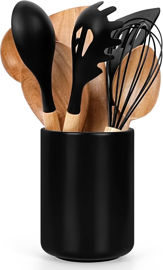 Winter Shore Large Utensil Holder Kitchen Storage Kitchen Utensils Kitchen Utensil Storage Ceramic Cutlery Organiser Standing Porcelain Kitchen Utensil Holder Black for Counter