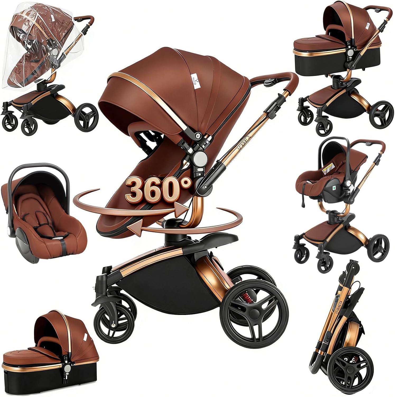 Magic ZC PU Leather 3 in 1 Pushchair Pram Travel System, Baby Stroller 3 in 1 with 360° Rotatable Seat, Newborn Infant Carriage One-Click Folding, Toddler Buggy Aluminum Frame 906 Brown