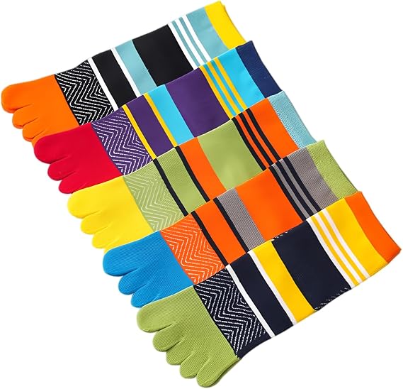 Men's Five Finger Toe Socks Cotton Sport Running Striped Crew Socks, 5 Pairs