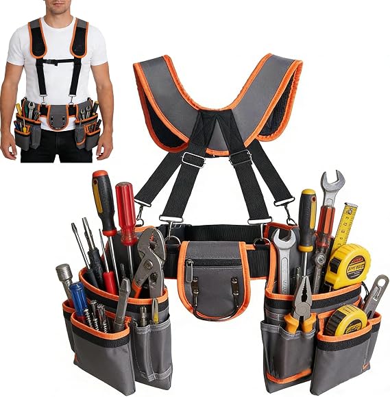 Professional Tool Belt with Suspenders | 18 Pockets | Detachable Tool Pouch, Adjustable Waist 27-66 Inches | for Carpenter, Electrician &