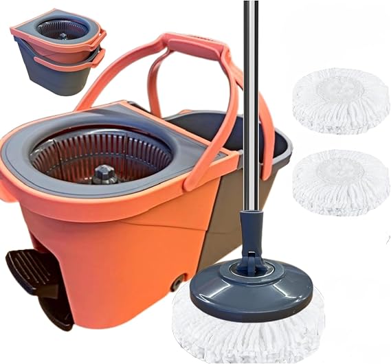 *NEW* SWISSPACK Revolving Spin Mop and Bucket With 2 Extra Pads Perfect For Easy Cleaning. Clean and Dirty Water Separtered For Perfect Finish (ORANGE-GREY) (PEDAL SPIN ORANGE/GREY)
