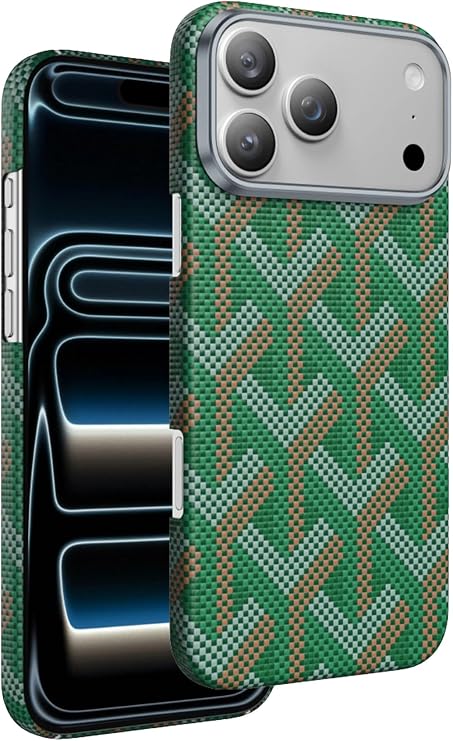 Apple iPhone 17 Pro Max ile Uyumlu Kevlar Karbon Kılıf, Prague Desenli, MagSafe Kapak, Yeşil