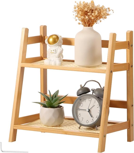 Bamboo Coffee Station Organizer 2 Tier Rattan Look Tea & Mug Holder Stand