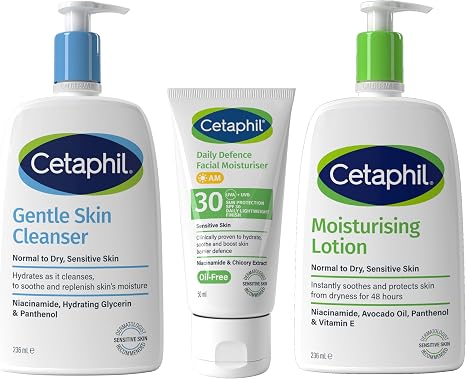 Cetaphil Support Bundle - Cleanse: Gentle Skin Cleanser 236ml, Moisturise: Moisturising Lotion 236ml, Protect: Daily Defence Moisturiser SPF30 50ml, Packaging May Vary