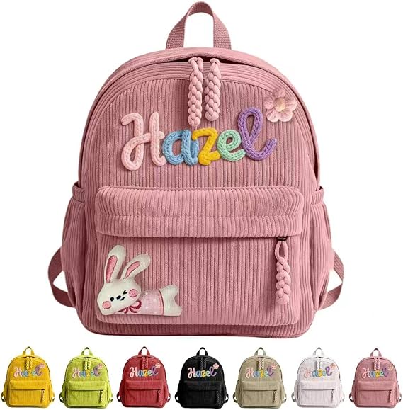 Personalised Kids Backpack for Girls Boys,Toddler Baby Backpack Children's School Bag for Primary Girls with 3D Rope Name Embroidery, (Pink)
