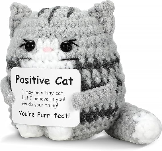 Positive Cat Mini Crochet Emotional Support Animal Gifts, Calico,Gray