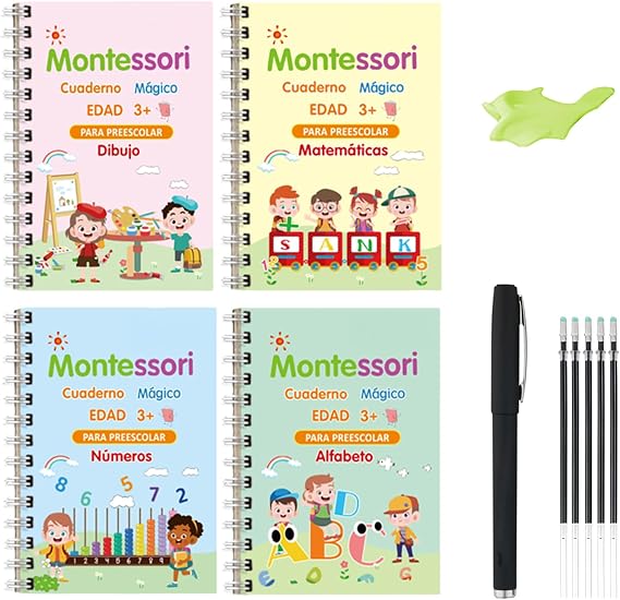 Writing Practice Books for Kids Ages 3-5 (4 Books) - Reusable Magic Notebooks with Slots and Pens - Nursery Kit with Alphabet, Math, Numbers and Drawing