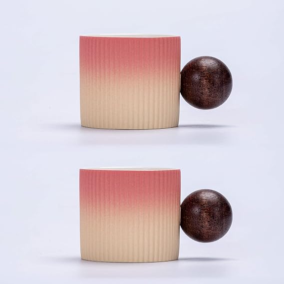 Espresso Cups 70ml, Small Ceramic Coffee Cups, Mini Mugs with Round Wooden Handle, Vertical Stripes Tea Cups (Beige Pink, 2pcs)