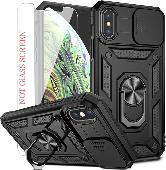 Iphone XS Max Case,with Slide Camera Cover & HD Screen Protector, Heavy Duty Shockproof Protective Case with Rotated Ring Kickstand for Iphone XS Max,Black