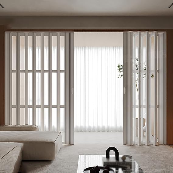 Concertina Foldable Door Sliding Accordion Folding Doors Interior, White Multifold Bifold Pvc Vinyl Room Divider with Acrylic Glass, Invisible Foldable Gate - 72'' 74 76 78 80 Inch Height(62x70inch/15